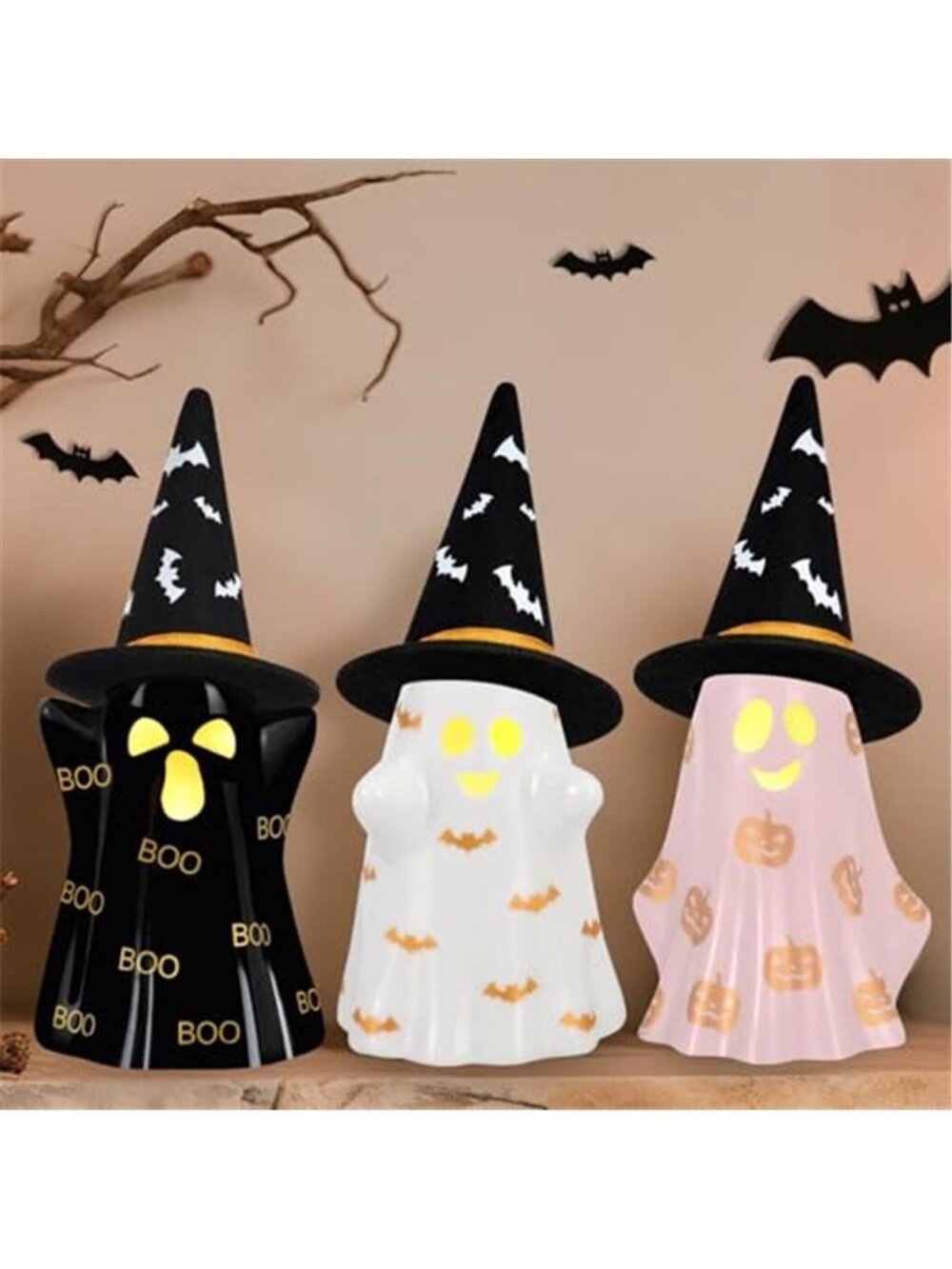 Halloween Decorations Indoor, Set of 3 Ceramic Halloween Ghosts with Witch